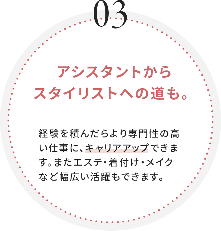 アシスタントからスタイリストへの道も。